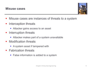 Misuse casesMisuse cases are instances of threats to a systemInterception threatsAttacker gains access to an assetInterruption threatsAttacker makes part of a system unavailableModification threatsA system asset if tampered withFabrication threatsFalse information is added to a systemChapter 14 Security Engineering9
