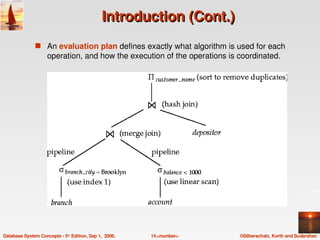 Introduction (Cont.)
               s An evaluation plan defines exactly what algorithm is used for each 
                    operation, and how the execution of the operations is coordinated.




Database System Concepts ­ 5th Edition, Sep 1,  2006.   14.<number>       ©Silberschatz, Korth and Sudarshan
 