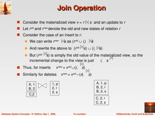 Join Operation
               s Consider the materialized view v = r     s  and an update to r
               s Let rold and rnew denote the old and new states of relation r
               s Consider the case of an insert to r:  
                      q    We can write rnew         s as (rold ∪ ir)     s
                      q    And rewrite the above to  (rold       s) ∪ (ir       s)
                      q    But (rold       s) is simply the old value of the materialized view, so the 
                           incremental change to the view is just      ir       s
               s Thus, for inserts     vnew = vold ∪(ir       s) 

               s Similarly for deletes    vnew = vold – (dr        s)

                          A, 1                   1, p                         A, 1, p
                          B, 2                   2, r                         B, 2, r
                                                 2, s                         B, 2, s
                          C,2
                                                                              C, 2, r
                                                                              C, 2, s


Database System Concepts ­ 5th Edition, Sep 1,  2006.       14.<number>                 ©Silberschatz, Korth and Sudarshan
 