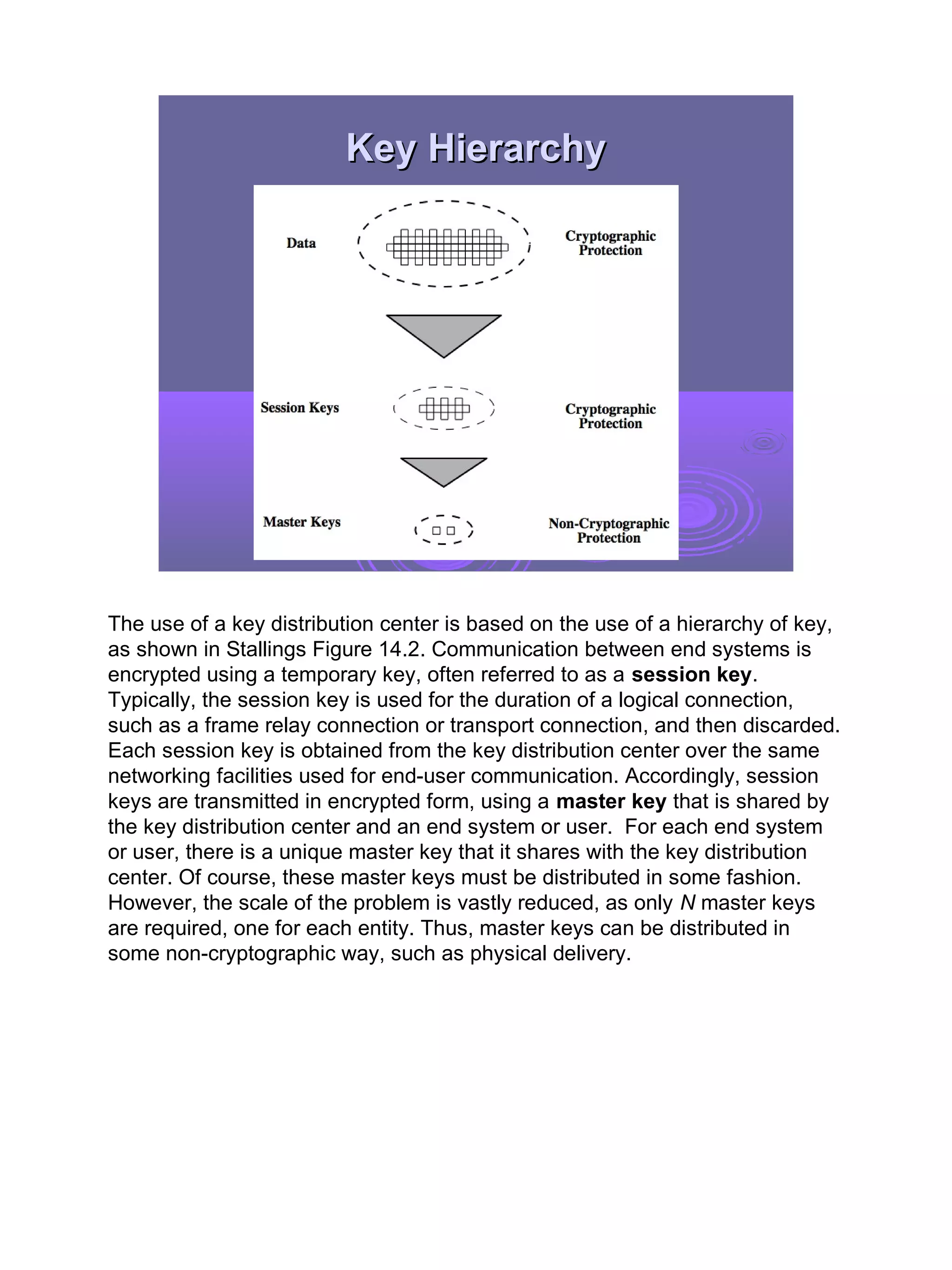 Key Hierarchy




The use of a key distribution center is based on the use of a hierarchy of key,
as shown in Stallings Figure 14.2. Communication between end systems is
encrypted using a temporary key, often referred to as a session key.
Typically, the session key is used for the duration of a logical connection,
such as a frame relay connection or transport connection, and then discarded.
Each session key is obtained from the key distribution center over the same
networking facilities used for end-user communication. Accordingly, session
keys are transmitted in encrypted form, using a master key that is shared by
the key distribution center and an end system or user. For each end system
or user, there is a unique master key that it shares with the key distribution
center. Of course, these master keys must be distributed in some fashion.
However, the scale of the problem is vastly reduced, as only N master keys
are required, one for each entity. Thus, master keys can be distributed in
some non-cryptographic way, such as physical delivery.




                                                                                  8
 