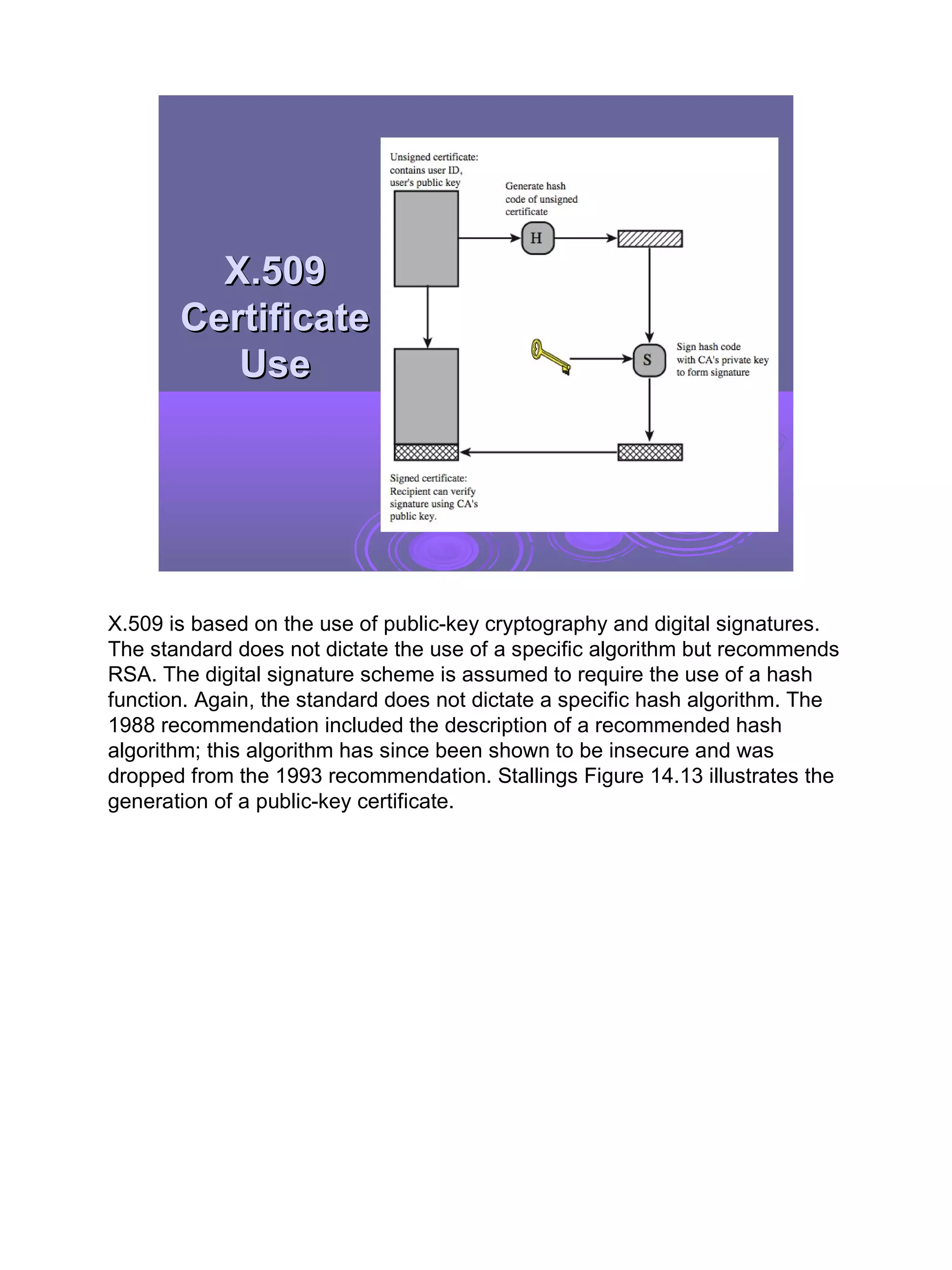 X.509
       Certificate
          Use




X.509 is based on the use of public-key cryptography and digital signatures.
The standard does not dictate the use of a specific algorithm but recommends
RSA. The digital signature scheme is assumed to require the use of a hash
function. Again, the standard does not dictate a specific hash algorithm. The
1988 recommendation included the description of a recommended hash
algorithm; this algorithm has since been shown to be insecure and was
dropped from the 1993 recommendation. Stallings Figure 14.13 illustrates the
generation of a public-key certificate.




                                                                                24
 