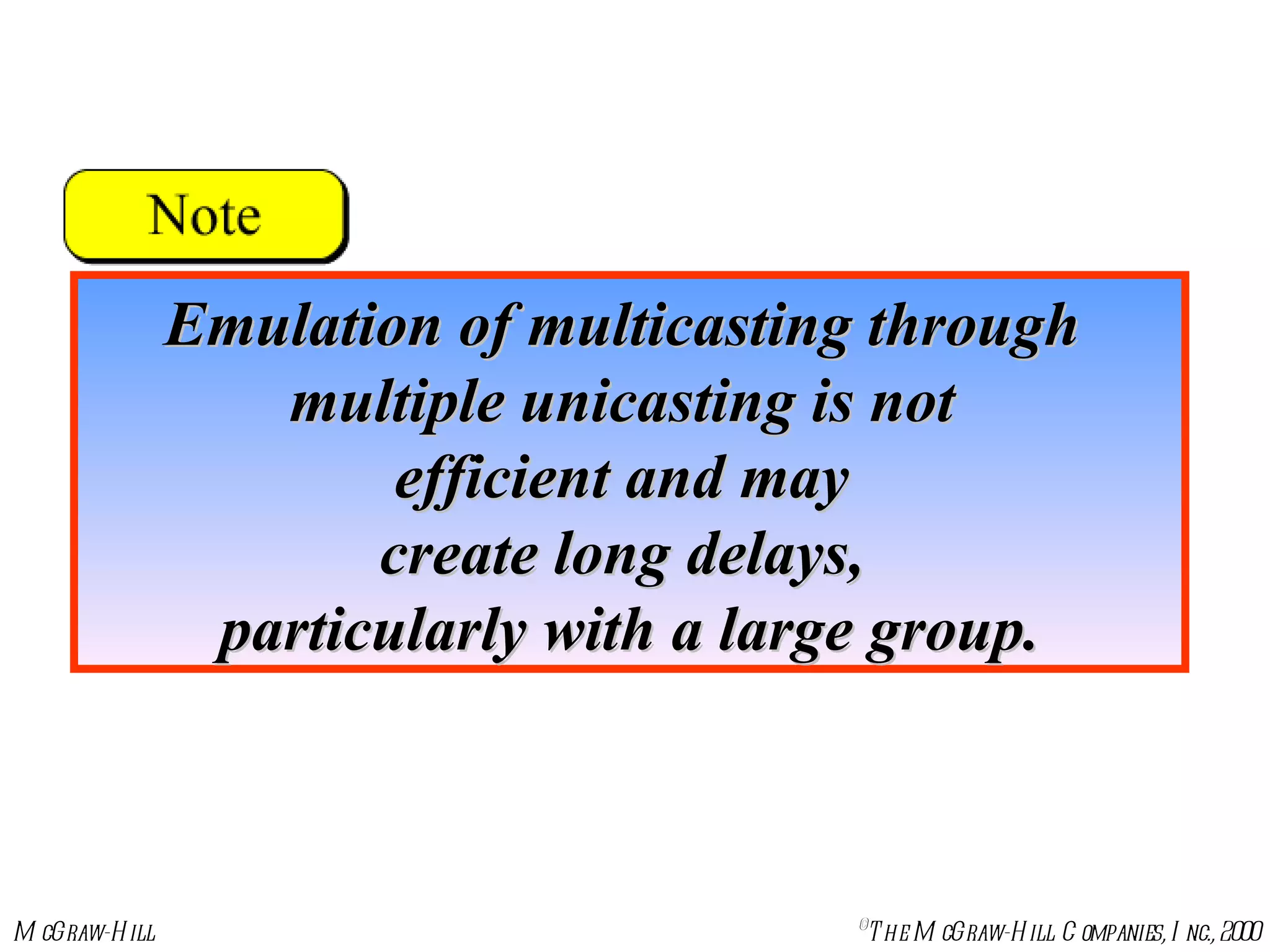 Emulation of multicasting through  multiple unicasting is not  efficient and may  create long delays,  particularly with a large group. 