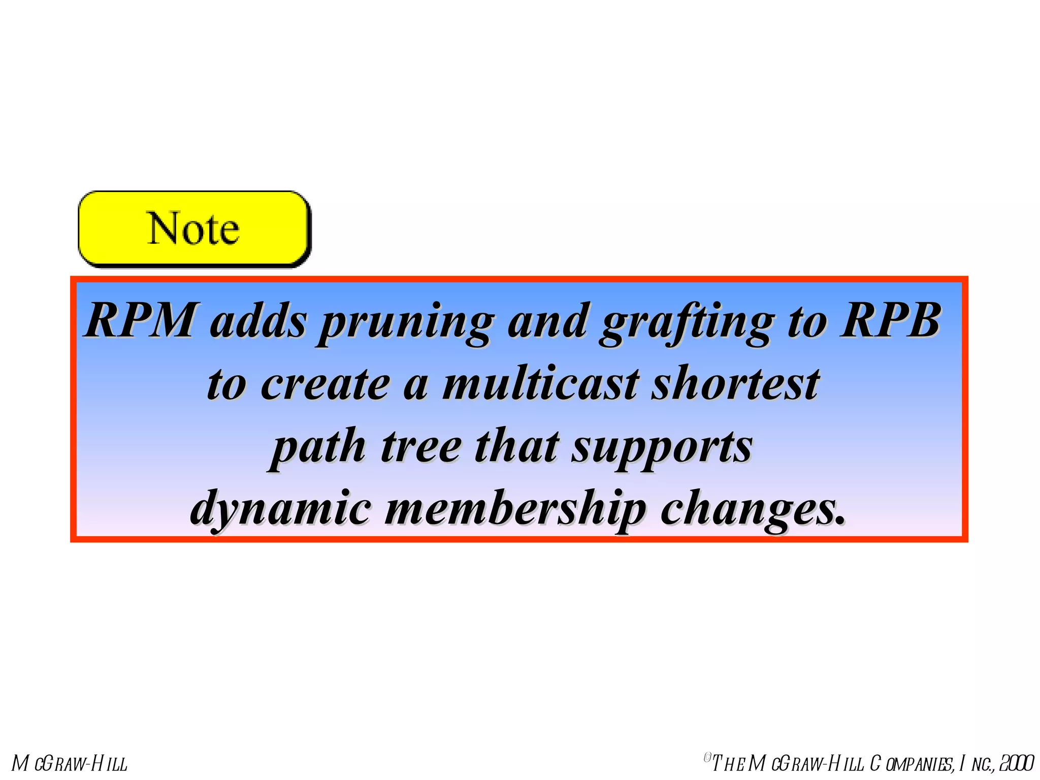 RPM adds pruning and grafting to RPB  to create a multicast shortest  path tree that supports  dynamic membership changes. 