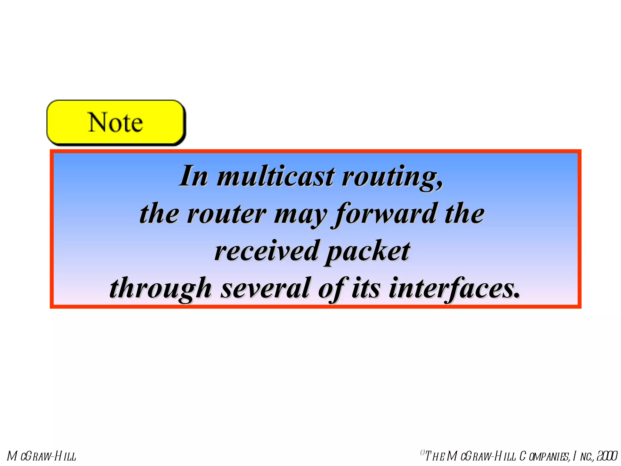In multicast routing,  the router may forward the  received packet  through several of its interfaces. 