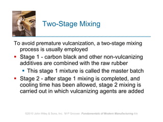 Two-Stage Mixing  To avoid premature vulcanization, a two‑stage mixing process is usually employed  Stage 1 - carbon black and other non‑vulcanizing additives are combined with the raw rubber  This stage 1 mixture is called the master batch  Stage 2 - after stage 1 mixing is completed, and cooling time has been allowed, stage 2 mixing is carried out in which vulcanizing agents are added 