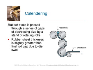 Rubber stock is passed through a series of gaps of decreasing size by a stand of rotating rolls  Rubber sheet thickness is slightly greater than final roll gap due to die swell Calendering 