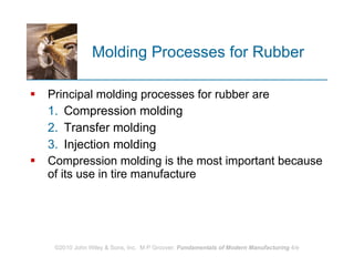 Molding Processes for Rubber Principal molding processes for rubber are  Compression molding  Transfer molding  Injection molding Compression molding is the most important because of its use in tire manufacture 