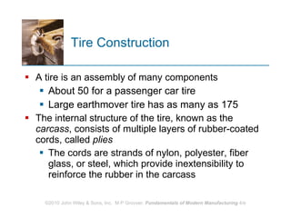 Tire Construction  A tire is an assembly of many components  About 50 for a passenger car tire  Large earthmover tire has as many as 175  The internal structure of the tire, known as the  carcass , consists of multiple layers of rubber-coated cords, called  plies   The cords are strands of nylon, polyester, fiber glass, or steel, which provide inextensibility to reinforce the rubber in the carcass  