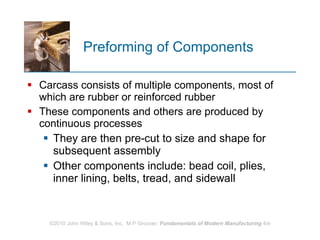 Preforming of Components Carcass consists of multiple components, most of which are rubber or reinforced rubber  These components and others are produced by continuous processes  They are then pre‑cut to size and shape for subsequent assembly  Other components include: bead coil, plies, inner lining, belts, tread, and sidewall 