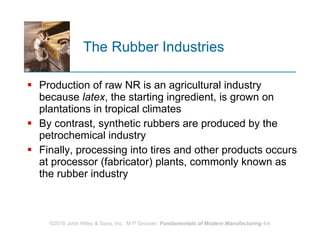 The Rubber Industries Production of raw NR is an agricultural industry because  latex , the starting ingredient, is grown on plantations in tropical climates  By contrast, synthetic rubbers are produced by the petrochemical industry Finally, processing into tires and other products occurs at processor (fabricator) plants, commonly known as the rubber industry 