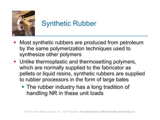 Synthetic Rubber Most synthetic rubbers are produced from petroleum by the same polymerization techniques used to synthesize other polymers  Unlike thermoplastic and thermosetting polymers, which are normally supplied to the fabricator as pellets or liquid resins, synthetic rubbers are supplied to rubber processors in the form of large bales  The rubber industry has a long tradition of handling NR in these unit loads  