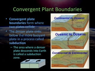 Convergent Plant Boundaries
• Convergent plate
boundaries form where
two plates collide
• The denser plate sinks
below the more buoyant
plate in a process called
subduction
– The area where a denser
plate descends into Earth
is called a subduction
zone.
 