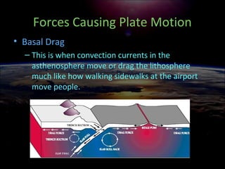 Forces Causing Plate Motion
• Basal Drag
– This is when convection currents in the
asthenosphere move or drag the lithosphere
much like how walking sidewalks at the airport
move people.
 