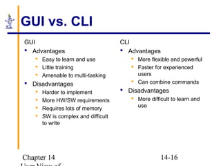Chapter 14 14-16
GUI vs. CLI
GUI
 Advantages
 Easy to learn and use
 Little training
 Amenable to multi-tasking
 Disadvantages
 Harder to implement
 More HW/SW requirements
 Requires lots of memory
 SW is complex and difficult
to write
CLI
 Advantages
 More flexible and powerful
 Faster for experienced
users
 Can combine commands
 Disadvantages
 More difficult to learn and
use
 