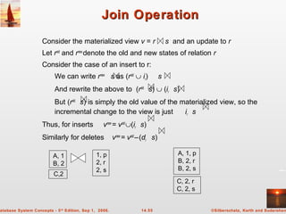 ©Silberschatz, Korth and Sudarshan14.55atabase System Concepts - 5th
Edition, Sep 1, 2006.
Join OperationJoin Operation
Consider the materialized view v = r s and an update to r
Let rold
and rnew
denote the old and new states of relation r
Consider the case of an insert to r:
We can write rnew
s as (rold
∪ ir) s
And rewrite the above to (rold
s) ∪ (ir s)
But (rold
s) is simply the old value of the materialized view, so the
incremental change to the view is just ir s
Thus, for inserts vnew
= vold
∪(ir s)
Similarly for deletes vnew
= vold
–(dr s)
A, 1
B, 2
1, p
2, r
2, s
A, 1, p
B, 2, r
B, 2, s
C,2
C, 2, r
C, 2, s
 