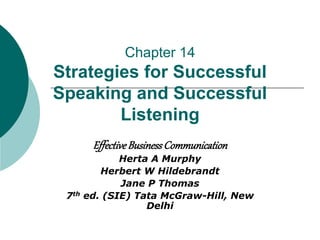 Chapter 14
Strategies for Successful
Speaking and Successful
Listening
EffectiveBusinessCommunication
Herta A Murphy
Herbert W Hildebrandt
Jane P Thomas
7th ed. (SIE) Tata McGraw-Hill, New
Delhi
 