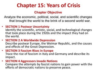 Chapter 15: Years of Crisis
                      Chapter Objective
 Analyze the economic, political, social, and scientific changes
    that brought the world to the brink of a second world war.
• SECTION 1 Postwar Uncertainty
  Identify the scientific, artistic, social, and technological changes
  that took place during the 1920s and the impact they had on
  the world.
• SECTION 2 A Worldwide Depression
  Describe postwar Europe, the Weimar Republic, and the causes
  and effects of the Great Depression.
• SECTION 3 Fascism Rises in Europe
  Trace the rise of fascism in Italy and Germany and describe its
  impact.
• SECTION 4 Aggressors Invade Nations
  Compare the attempts by fascist nations to gain power with the
  efforts of democratic nations to preserve peace.
 