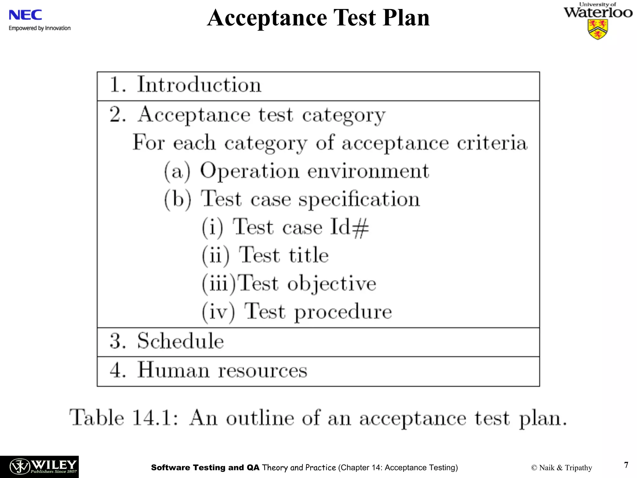 Acceptance Test Plan

Software Testing and QA Theory and Practice (Chapter 14: Acceptance Testing)

© Naik & Tripathy

7

 