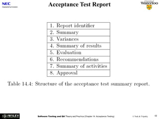 Acceptance Test Report

Software Testing and QA Theory and Practice (Chapter 14: Acceptance Testing)

© Naik & Tripathy

12

 
