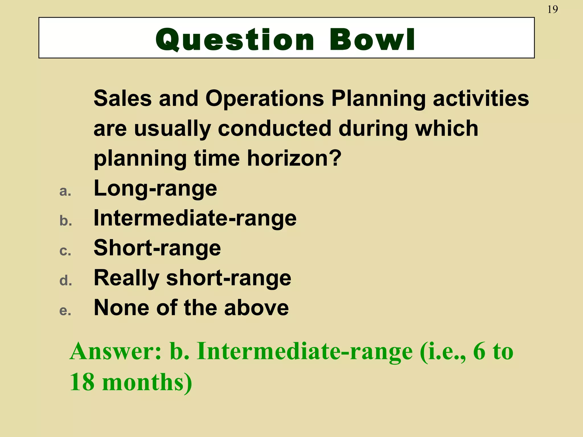 19

Question Bowl

a.
b.
c.
d.
e.

Sales and Operations Planning activities
are usually conducted during which
planning time horizon?
Long-range
Intermediate-range
Short-range
Really short-range
None of the above

Answer: b. Intermediate-range (i.e., 6 to
18 months)

 