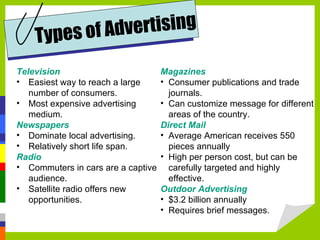Television Easiest way to reach a large number of consumers. Most expensive advertising medium. Newspapers Dominate local advertising. Relatively short life span. Radio Commuters in cars are a captive audience. Satellite radio offers new opportunities. Types of Advertising Magazines Consumer publications and trade journals. Can customize message for different areas of the country. Direct Mail Average American receives 550 pieces annually High per person cost, but can be carefully targeted and highly effective. Outdoor Advertising $3.2 billion annually Requires brief messages. 