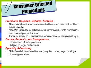 Premiums, Coupons, Rebates, Samples Coupons  attract new customers but focus on price rather than brand loyalty. Rebates  increase purchase rates, promote multiple purchases, and reward product users. Three of every four consumers who receive a  sample  will try it. Games, Contests, and Sweepstakes Introduction of new products. Subject to legal restrictions. Specialty Advertising Gift of useful merchandise carrying the name, logo, or slogan  of an organization. Consumer-Oriented Promotions 