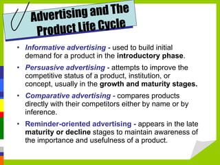 <ul><li>Informative advertising -  used to build initial demand for a product in the  introductory phase . </li></ul><ul><...