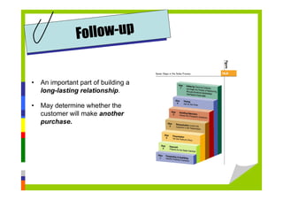• An important part of building a
long-lasting relationship.
• May determine whether the
customer will make another
purchase.
Follow-up
 
