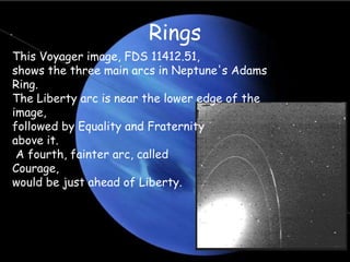 Rings
This Voyager image, FDS 11412.51,
shows the three main arcs in Neptune's Adams
Ring.
The Liberty arc is near the lower edge of the
image,
followed by Equality and Fraternity
above it.
A fourth, fainter arc, called
Courage,
would be just ahead of Liberty.
 