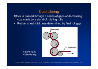 ©2002 John Wiley & Sons, Inc. M. P. Groover, “Fundamentals of Modern Manufacturing 2/e”
Calendering
Stock is passed through a series of gaps of decreasing
size made by a stand of rotating rolls.
•Rubber sheet thickness determined by final roll gap
Figure 13.17 –
Calendering
 