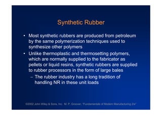 ©2002 John Wiley & Sons, Inc. M. P. Groover, “Fundamentals of Modern Manufacturing 2/e”
Synthetic Rubber
•Most synthetic rubbers are produced from petroleum
by the same polymerization techniques used to
synthesize other polymers
•Unlike thermoplastic and thermosetting polymers,
which are normally supplied to the fabricator as
pellets or liquid resins, synthetic rubbers are supplied
to rubber processors in the form of large bales
The rubber industry has a long tradition of
handling NR in these unit loads
 