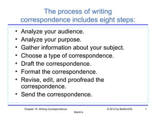 The process of writing
    correspondence includes eight steps:
• Analyze your audience.
• Analyze your purpose.
• Gather information about your subject.
• Choose a type of correspondence.
• Draft the correspondence.
• Format the correspondence.
• Revise, edit, and proofread the
  correspondence.
• Send the correspondence.

     Chapter 14. Writing Correspondence              © 2012 by Bedford/St.   1
                                          Martin's
 