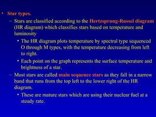 • Star types.
– Stars are classified according to the Hertzsprung-Russel diagram
(HR diagram) which classifies stars based on temperature and
luminosity
• The HR diagram plots temperature by spectral type sequenced
O through M types, with the temperature decreasing from left
to right.
• Each point on the graph represents the surface temperature and
brightness of a star.
– Most stars are called main sequence stars as they fall in a narrow
band that runs from the top left to the lower right of the HR
diagram.
• These are mature stars which are using their nuclear fuel at a
steady rate.
 