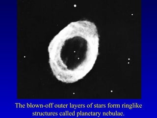 The blown-off outer layers of stars form ringlike
structures called planetary nebulae.
 