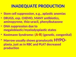 INADEQUATE PRODUCTION
• Stem cell suppression, e.g., aplastic anemias
• DRUGS, esp. CHEMO, MANY antibiotics,
aminopyrene, thio-uracil, phenylbutazone
• DNA suppression due to
megaloblastic/myelodysplastic states
• Kostmann Syndrome: (A-R) (genetic, congenital)
• Marrow usually shows granulocytic HYPO-
plasia, just as in RBC and PLAT decreased
production
 