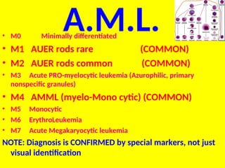 A.M.L.
• M0 Minimally differentiated
• M1 AUER rods rare (COMMON)
• M2 AUER rods common (COMMON)
• M3 Acute PRO-myelocytic leukemia (Azurophilic, primary
nonspecific granules)
• M4 AMML (myelo-Mono cytic) (COMMON)
• M5 Monocytic
• M6 ErythroLeukemia
• M7 Acute Megakaryocytic leukemia
NOTE: Diagnosis is CONFIRMED by special markers, not just
visual identification
 