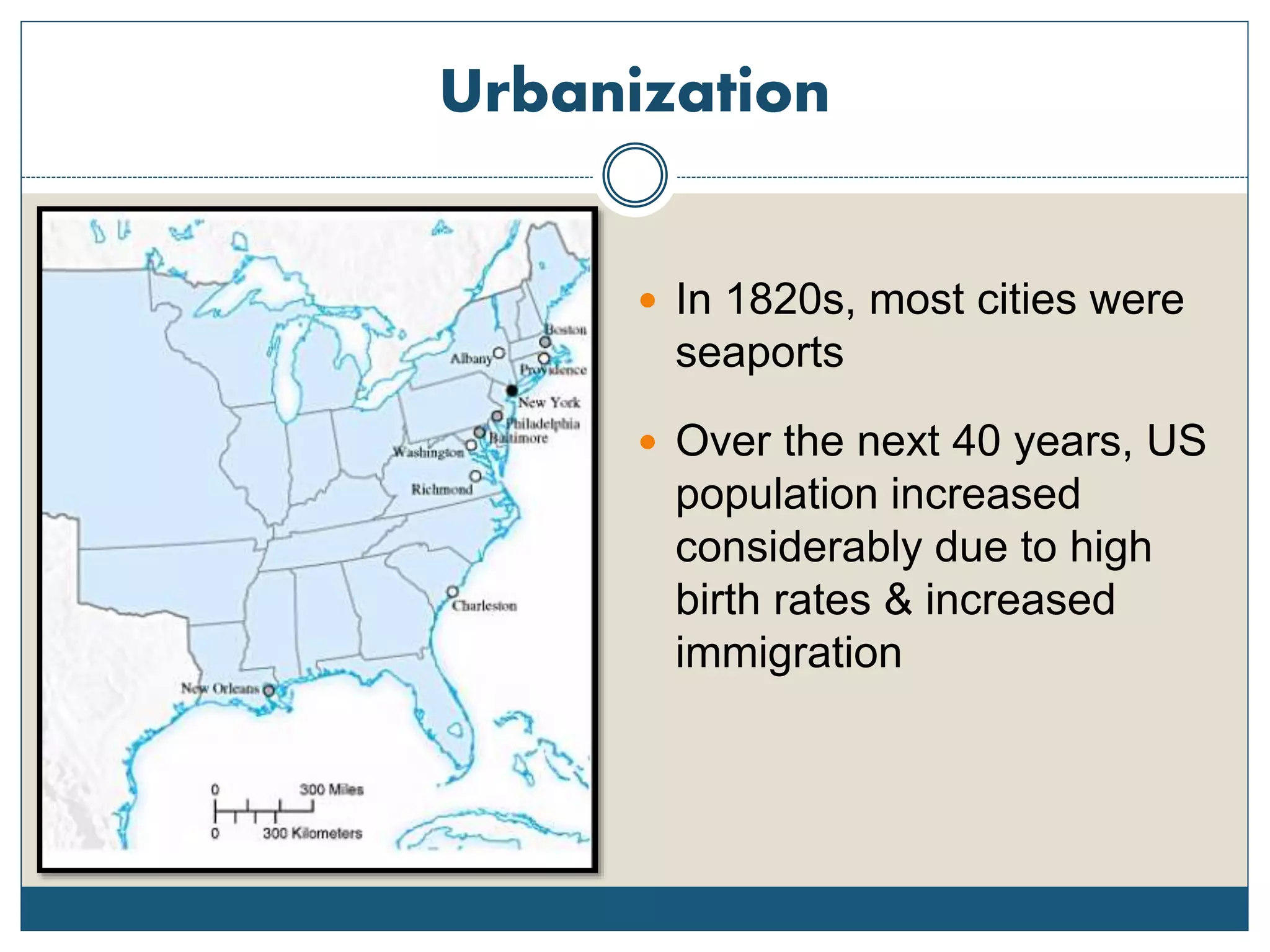 Urbanization
 In 1820s, most cities were
seaports
 Over the next 40 years, US
population increased
considerably due to high
birth rates & increased
immigration
 