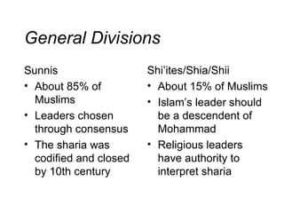 General Divisions Sunnis About 85% of Muslims Leaders chosen through consensus The sharia was codified and closed by 10th century Shi’ites/Shia/Shii About 15% of Muslims Islam’s leader should be a descendent of Mohammad Religious leaders have authority to interpret sharia 
