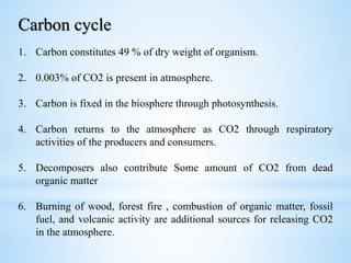 1. Carbon constitutes 49 % of dry weight of organism.
2. 0.003% of CO2 is present in atmosphere.
3. Carbon is fixed in the biosphere through photosynthesis.
4. Carbon returns to the atmosphere as CO2 through respiratory
activities of the producers and consumers.
5. Decomposers also contribute Some amount of CO2 from dead
organic matter
6. Burning of wood, forest fire , combustion of organic matter, fossil
fuel, and volcanic activity are additional sources for releasing CO2
in the atmosphere.
Carbon cycle
 