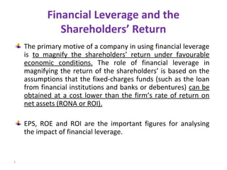 Financial Leverage and the
Shareholders’ Return
The primary motive of a company in using financial leverage
is to magnify ...