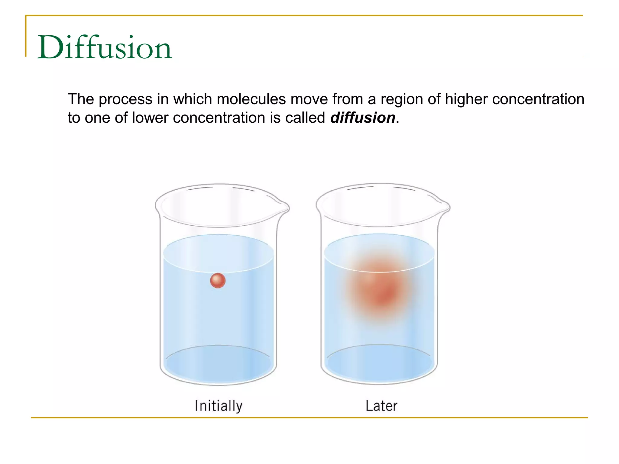 The process in which molecules move from a region of higher concentration
to one of lower concentration is called diffusion.
Diffusion
 
