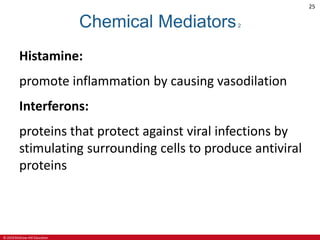 © 2019 McGraw-Hill Education
25
Chemical Mediators2
Histamine:
promote inflammation by causing vasodilation
Interferons:
proteins that protect against viral infections by
stimulating surrounding cells to produce antiviral
proteins
 
