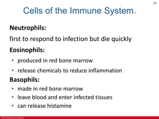 © 2019 McGraw-Hill Education
27
Cells of the Immune System2
Neutrophils:
first to respond to infection but die quickly
Eosinophils:
• produced in red bone marrow
• release chemicals to reduce inflammation
Basophils:
• made in red bone marrow
• leave blood and enter infected tissues
• can release histamine
 