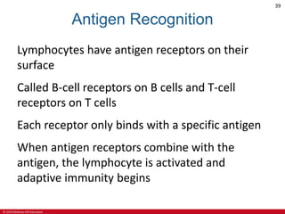 © 2019 McGraw-Hill Education
39
Antigen Recognition
Lymphocytes have antigen receptors on their
surface
Called B-cell receptors on B cells and T-cell
receptors on T cells
Each receptor only binds with a specific antigen
When antigen receptors combine with the
antigen, the lymphocyte is activated and
adaptive immunity begins
 
