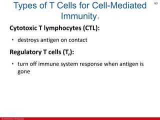 © 2019 McGraw-Hill Education
63
Types of T Cells for Cell-Mediated
Immunity2
Cytotoxic T lymphocytes (CTL):
• destroys antigen on contact
Regulatory T cells (Tr):
• turn off immune system response when antigen is
gone
 