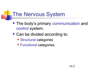 14-2
The Nervous System
 The body’s primary communication and
control system.
 Can be divided according to:
 Structural...