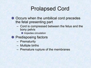 Prolapsed Cord
Occurs when the umbilical cord precedes
the fetal presenting part
– Cord is compressed between the fetus and the
bony pelvis
Impedes circulation
Predisposing factors
– Prematurity
– Multiple births
– Premature rupture of the membranes
 