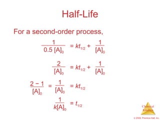 Half-Life For a second-order process,  1 0.5 [A] 0 =  kt 1/2  +  1 [A] 0 2 [A] 0 =  kt 1/2  +  1 [A] 0 2  −  1 [A] 0 =  kt 1/2 1 [A] 0 = =  t 1/2 1 k [A] 0 