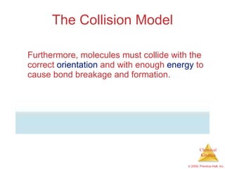 The Collision Model Furthermore, molecules must collide with the correct  orientation  and with enough  energy  to cause bond breakage and formation. 