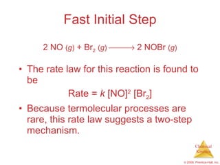 Fast Initial Step The rate law for this reaction is found to be Rate =  k  [NO] 2  [Br 2 ] Because termolecular processes are rare, this rate law suggests a two-step mechanism. 2 NO  ( g )  + Br 2   ( g )     2 NOBr  ( g ) 